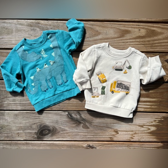 2 Carter's Blue Dinosaur and Cream Construction 12M Sweatshirts - Baby Toddler - Picture 1 of 5